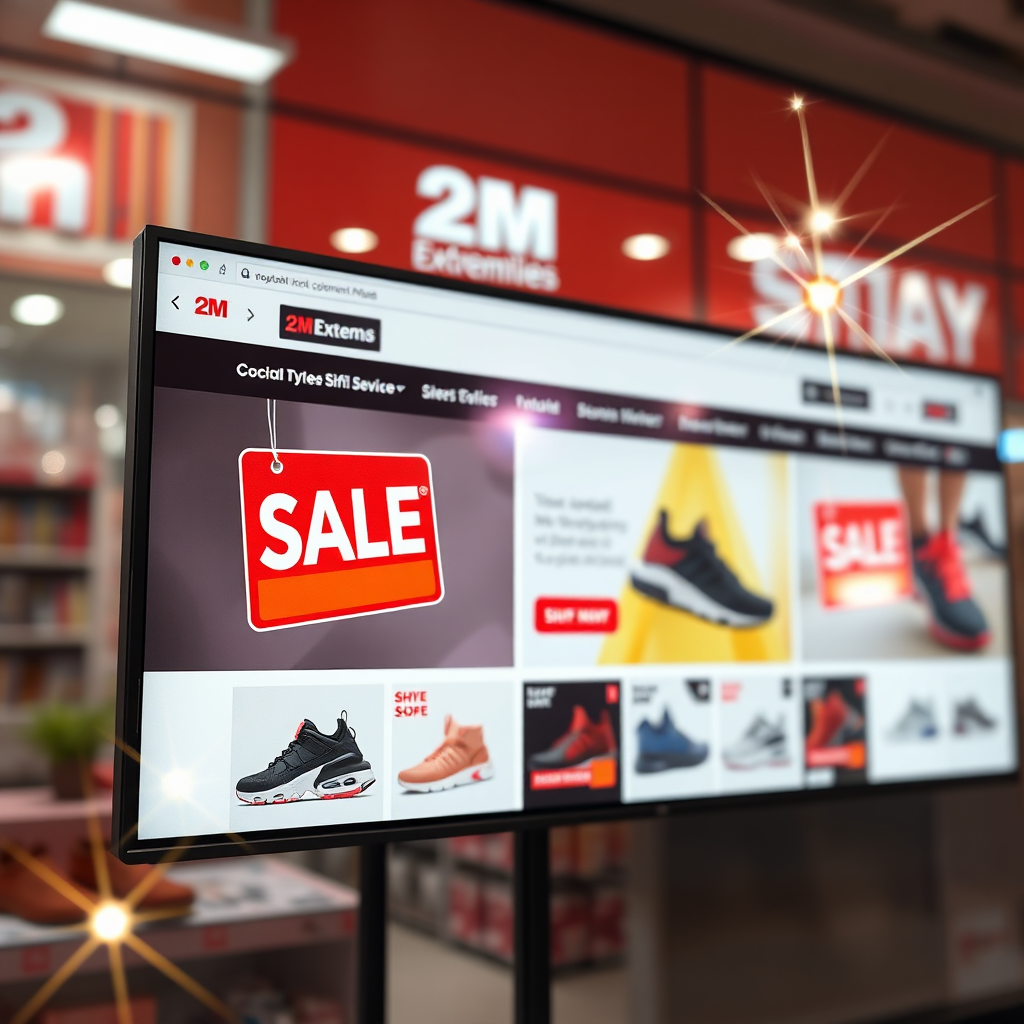 A photorealistic image in 4k of a brightly lit online storefront (the 2M Extremities website) displayed on a large screen. Virtual 'sale' and 'discount' tags are visibly highlighted on various shoe images. The color palette is vibrant and eye-catching, drawing attention to the special offers. Animated sparkle effects add to the visual appeal.
