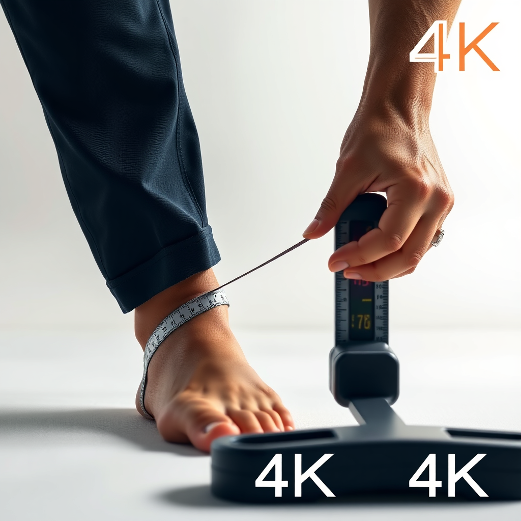 A photorealistic image in 4K showcasing a person carefully measuring their foot with a professional shoe measuring device. Soft, diffused lighting highlights the details of the foot and the measuring tool. The background is a clean, minimalist studio setting. The color palette is neutral and professional, emphasizing precision and accuracy.