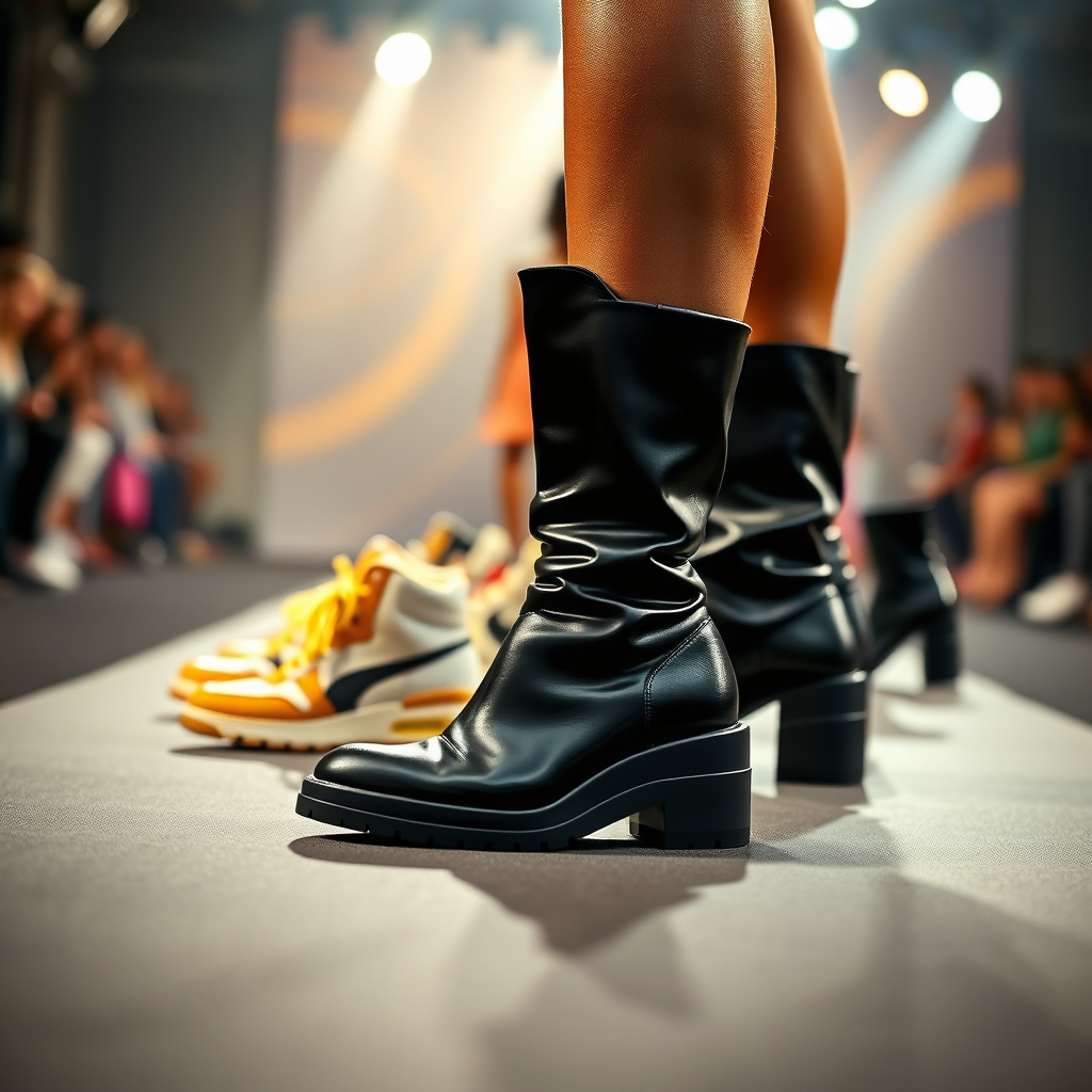 A photorealistic image in 4K showcasing a curated selection of shoes on a runway. Focus on stylish sneakers, boots, and heels. Dynamic lighting and a blurred background emphasize the movement and energy of a fashion show. The color palette is bold and fashionable.