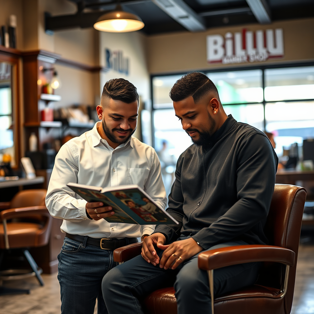 A photorealistic image of a barber in Billu Barber Shop engaging in a one-on-one consultation with a client. They are looking at a style guide or digital tablet together, discussing options. The setting is warm and inviting, with comfortable seating. The focus is on the interaction and collaborative process. Camera angle is a medium shot, capturing both individuals clearly. The lighting is soft and natural.