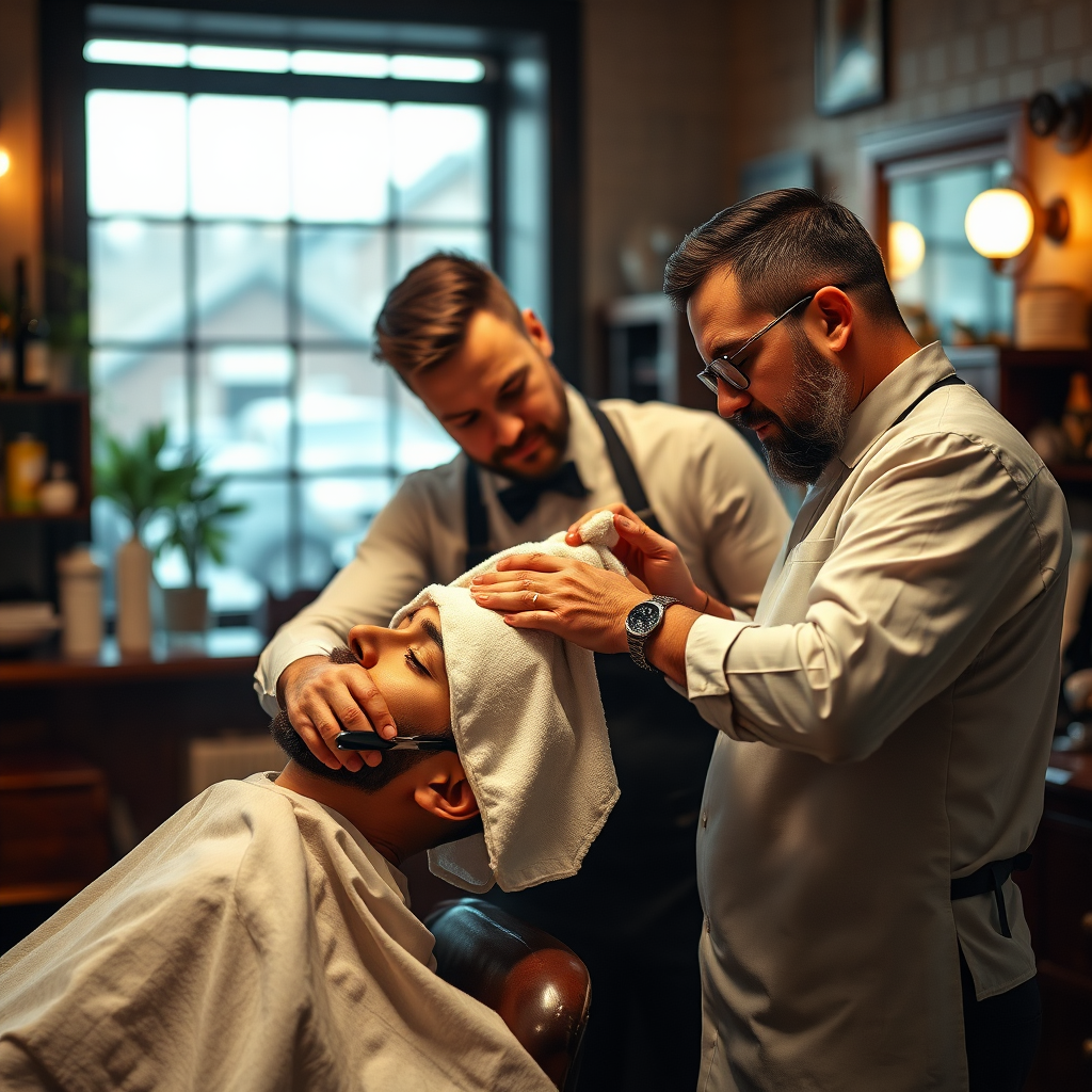A photorealistic image of a barber applying hot towel to a client getting a shave. Classic shave is done in a vintage style barber shop. The focus is on the relaxation and comfort of the client. Soft warm lighting for the mood.