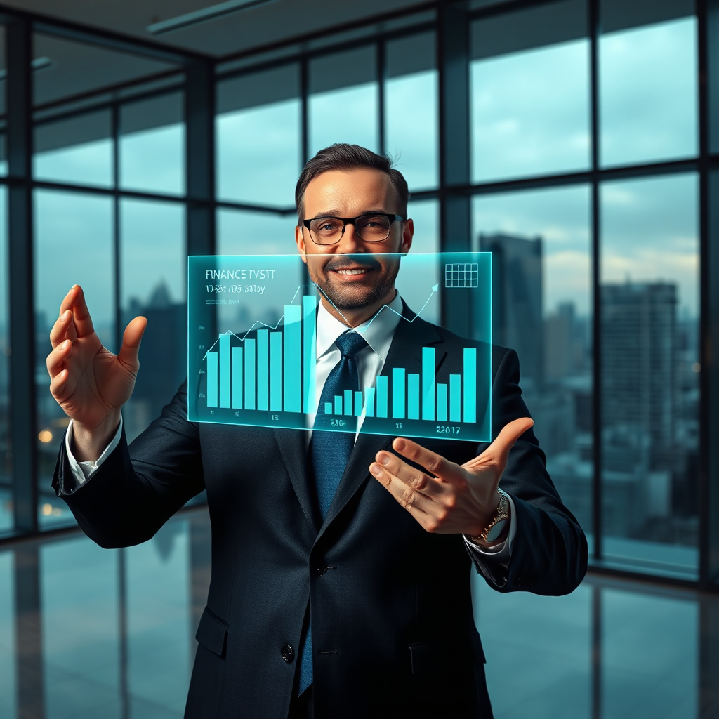 A photorealistic image of a businessman confidently presenting financial data using a holographic display. The background shows a modern office with large windows overlooking a cityscape. The color palette is professional and futuristic, with blues and greens dominating. 4K resolution, high quality.