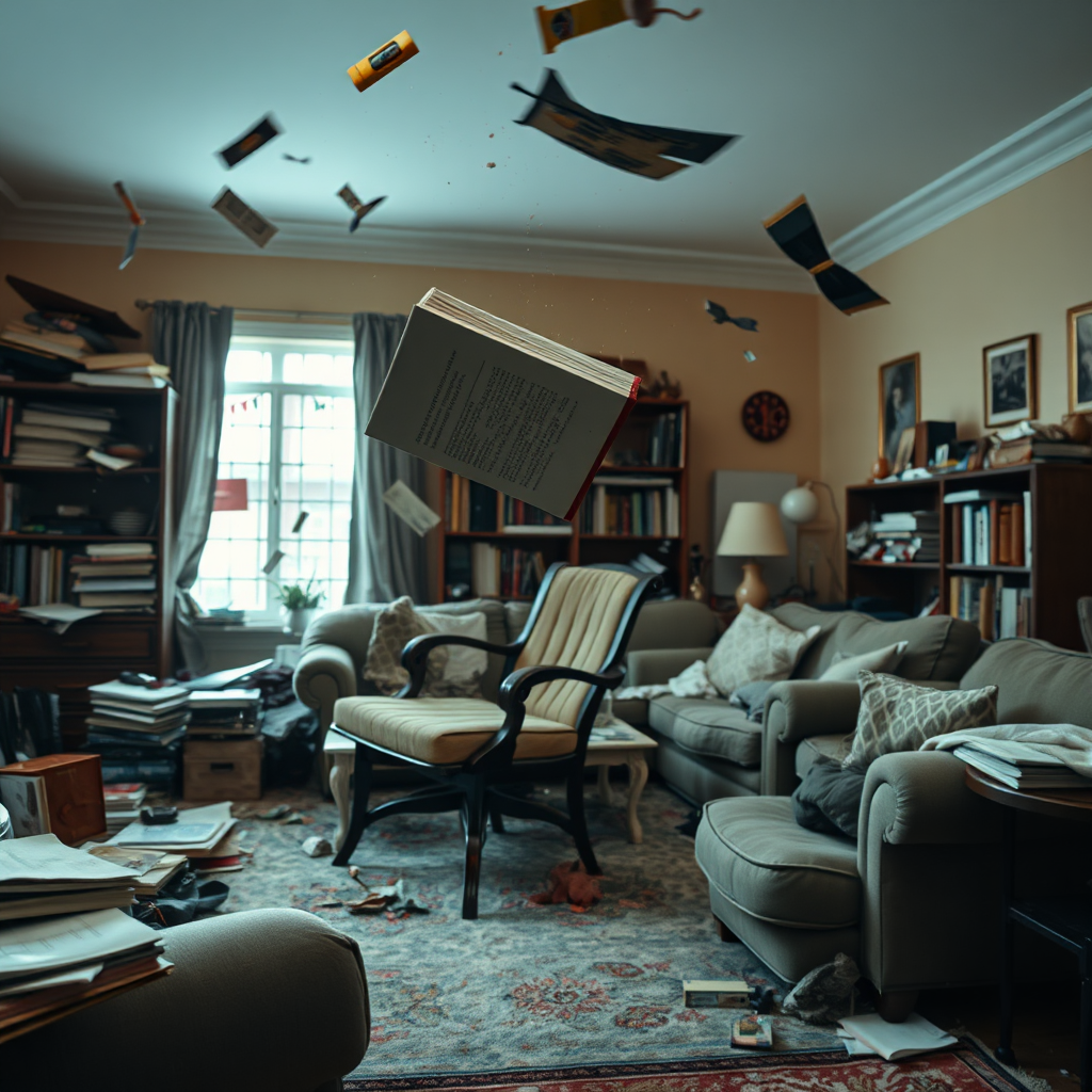 A photorealistic image of a cluttered living room with objects flying through the air seemingly on their own. A book is mid-air, a chair is overturned, and dust motes swirl around the room. The scene is chaotic and unsettling. 4k resolution.