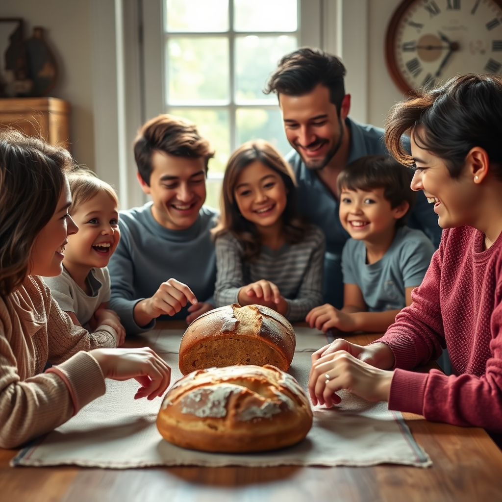 A photorealistic image of a family gathered around a table, sharing a freshly baked loaf of bread. The scene should be warm and inviting, with natural light streaming in from a window. Focus on the expressions of joy and connection as they enjoy the bread together. 4k resolution.
