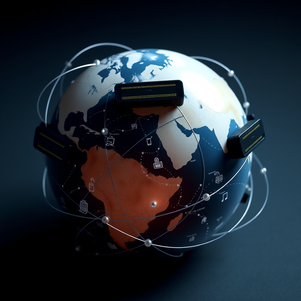 A photorealistic image of a globe with interconnected servers representing global accessibility and reliable hosting. The lighting is subtle and professional.