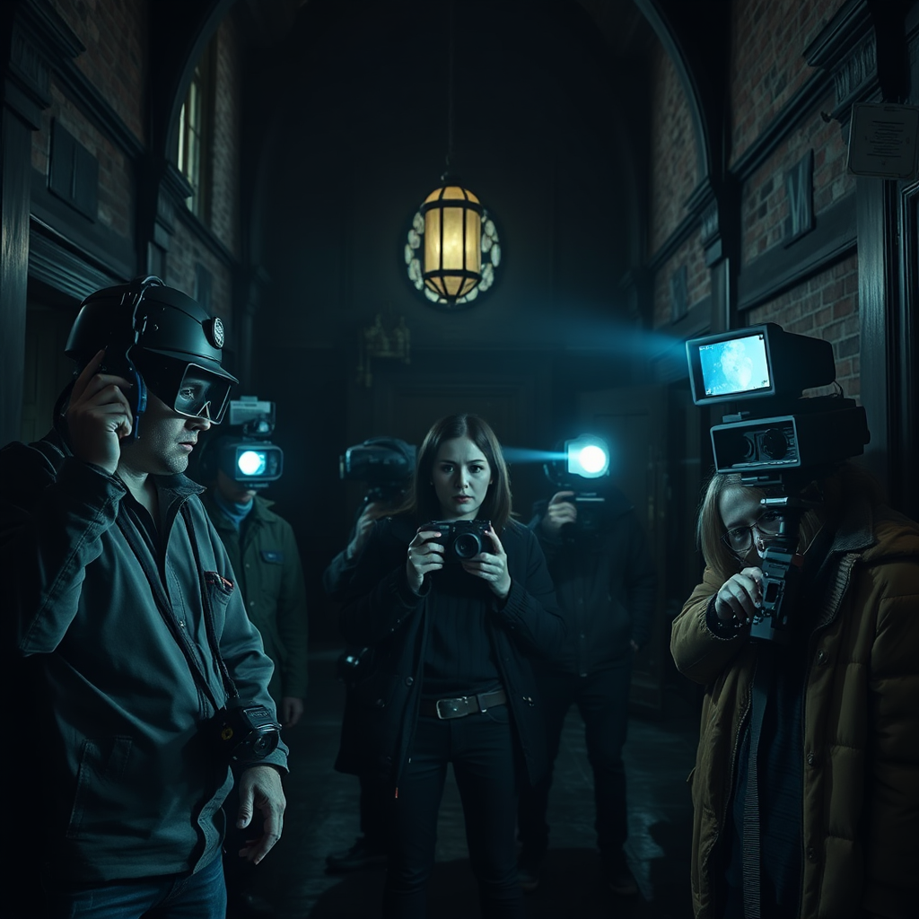 A photorealistic image of a group of people with paranormal investigation equipment (EMF readers, cameras, etc.) inside a dark, gothic style building.