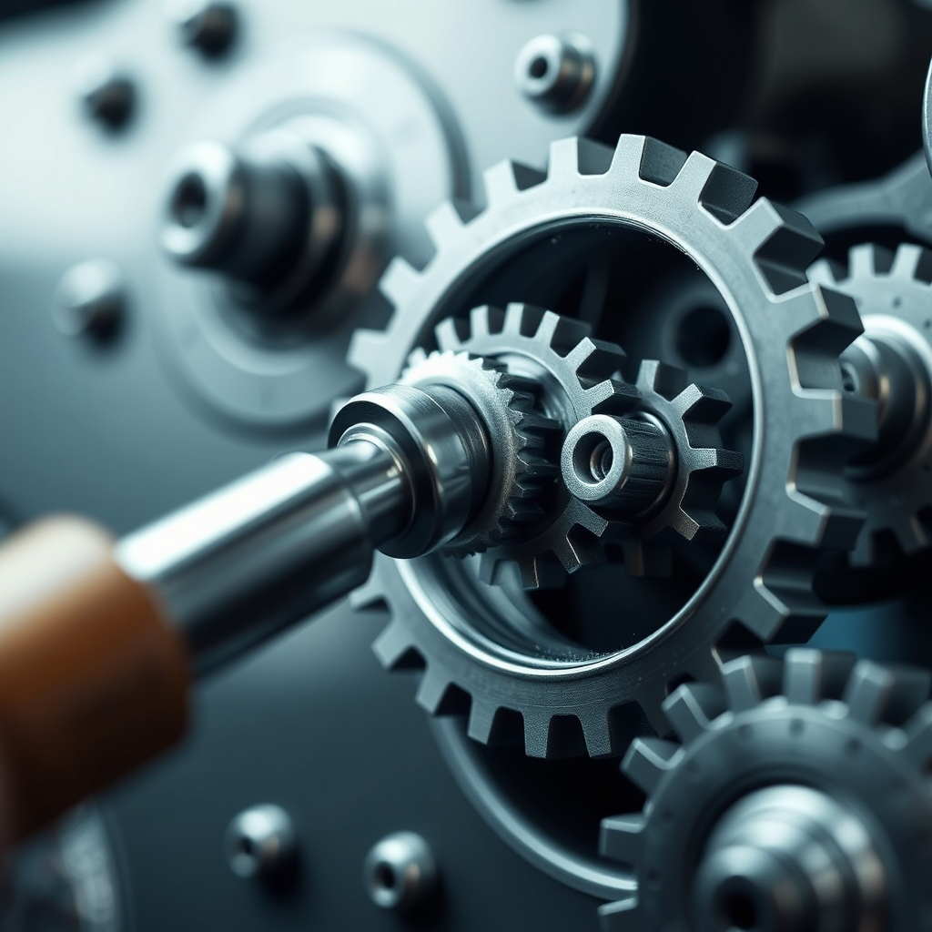 A photorealistic image of a lever being pulled to reveal gears and cogs turning, symbolizing optimized mechanisms at work. Focus on the connection between action and impact, visualizing the practical application of VA features.