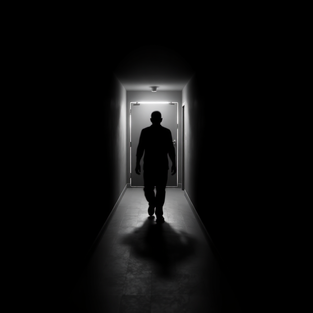 A photorealistic image of a long, dark hallway with a flickering light at the end. A vaguely humanoid shadow figure is visible against the light, its form indistinct and menacing. The scene is predominantly black and white with subtle gradations of gray. 4k resolution.