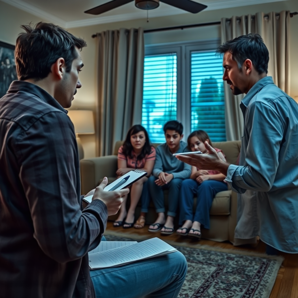 A photorealistic image of a paranormal consultant interviewing a scared family in their living room. The consultant is holding a notepad and pen, and the family looks distressed.