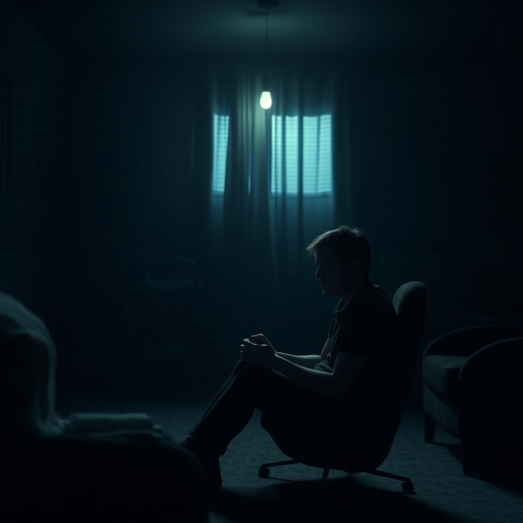 A photorealistic image of a person sitting in a dimly lit room, recounting a story with a look of fear and disbelief. The room is sparsely furnished and the atmosphere is tense. 4k resolution.