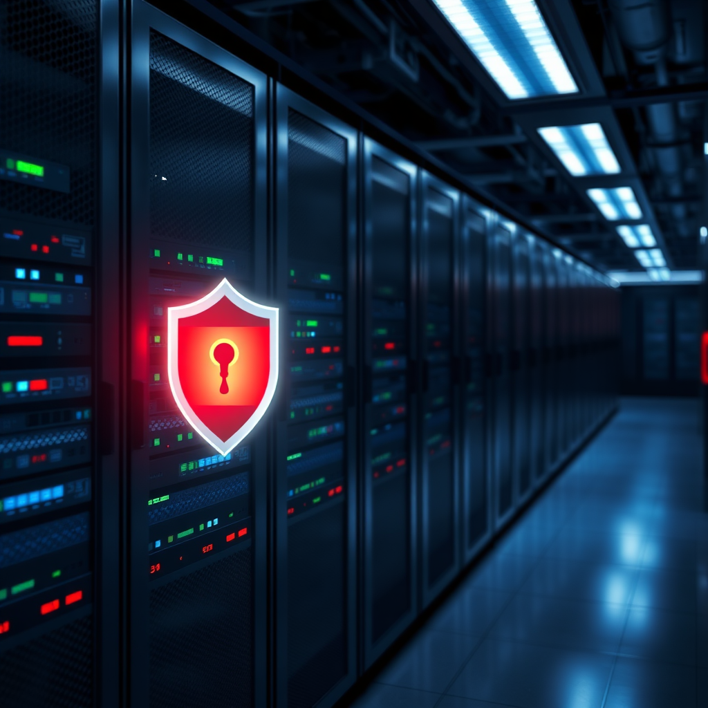 A photorealistic image of a server room with a visible firewall graphic superimposed on the servers. The lighting is dramatic, with a sense of security and protection. The color palette is primarily dark blue and gray, with accents of red and green to represent security and reliability. The image should evoke a sense of trust and confidence.