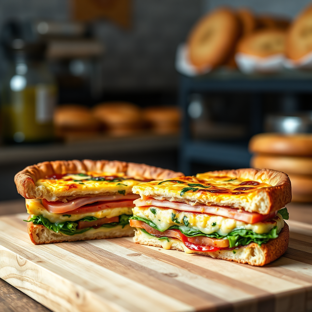 A photorealistic image of a sliced quiche Lorraine next to a hearty sandwich on a wooden cutting board. The focus should be on the layers and ingredients of the quiche and sandwich, with visible textures and vibrant colors. The background should be a blurred bakery scene, adding context. The image should convey a sense of wholesome and satisfying lunch options. 4k resolution.
