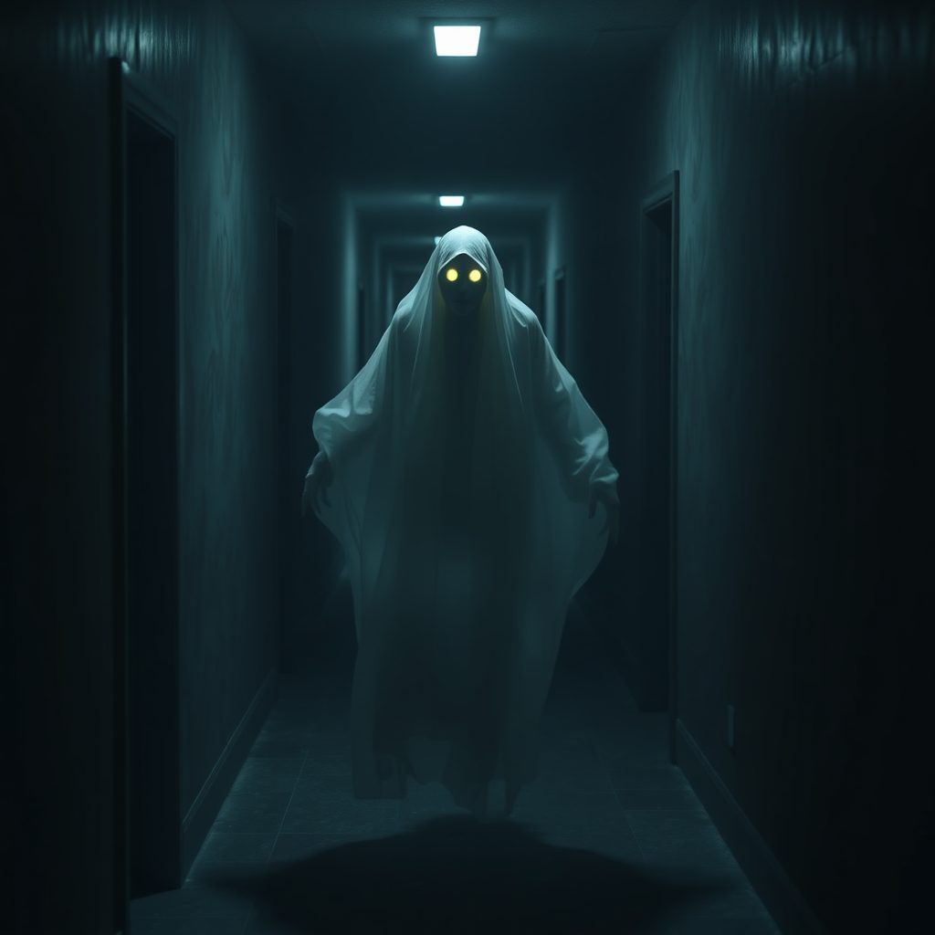 A photorealistic image of a spectral apparition floating in a dark corridor. The figure is semi-transparent and indistinct, with glowing eyes. The scene is chilling and otherworldly. 4k resolution.