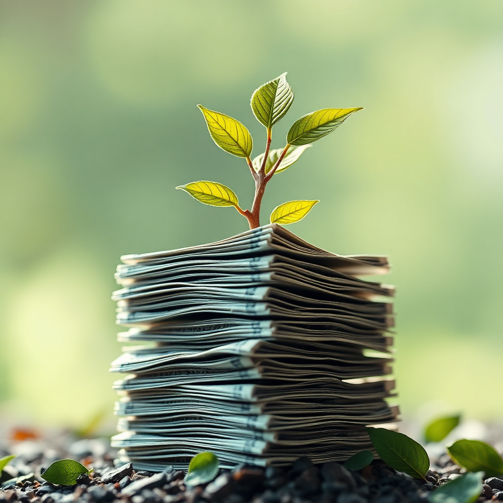 A photorealistic image of a stack of money growing leaves, showing value creation. The image employs soft, natural light, signifying sustainable finance and resource efficiency.
