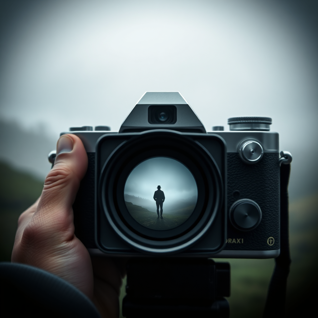 A photorealistic image of a vintage camera pointing towards a misty landscape. A faint, ethereal figure is visible in the camera's viewfinder. The scene is atmospheric and mysterious. 4k resolution.