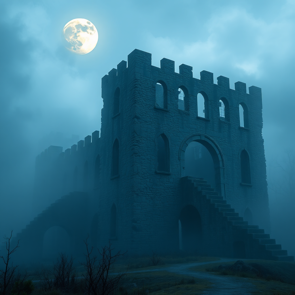 A photorealistic image of an abandoned castle shrouded in mist. A full moon hangs in the sky, casting an eerie glow on the crumbling walls. The scene is both beautiful and foreboding. 4k resolution.