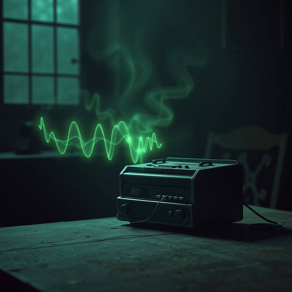 A photorealistic image of an old-fashioned audio recorder sitting on a dusty table in a dimly lit room. Ethereal waveforms emanate from the recorder, visually representing the captured voices. The scene is bathed in a subtle, eerie green light. Focus on the details of the recorder and the texture of the dusty table. 4k resolution.