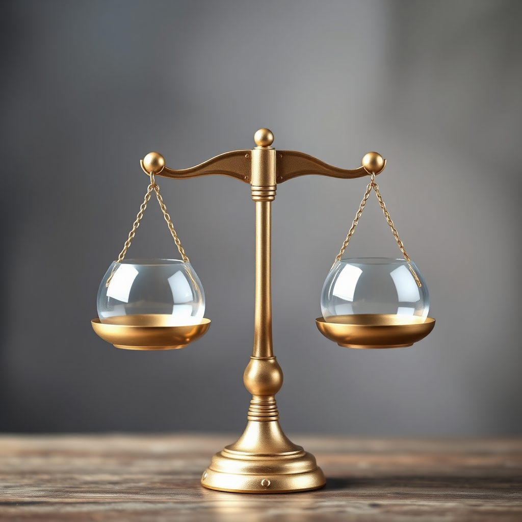 A photorealistic image of scales that show fairness, representing VA services balanced by customer satisfaction, which represents a price that matches value. Use calm colors, highlighting transparent price models.
