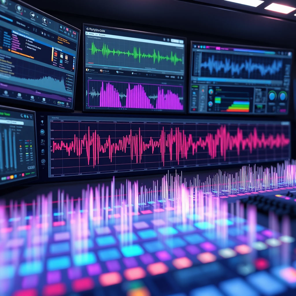A photorealistic image of sound waves flowing through a complex audio editing interface. The interface should be visually appealing, with multiple windows displaying different audio parameters and visualizations. The sound waves should be rendered in vibrant colors, representing the richness and depth of the audio. Soft, diffused lighting should illuminate the scene, creating a sense of clarity and sophistication. Camera angle: slightly overhead, capturing the complexity of the editing process. Style: modern, professional, and visually engaging.