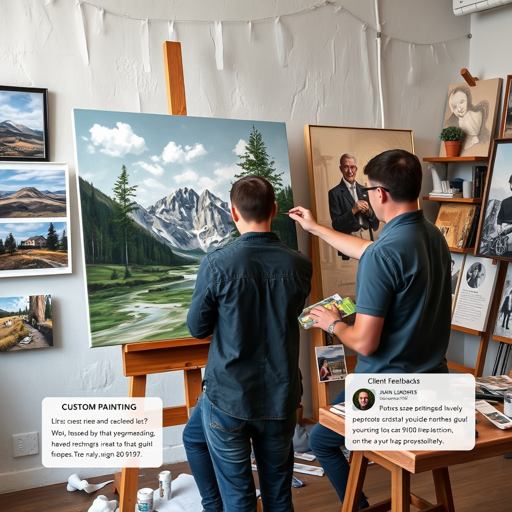 A photorealistic image showcasing a custom painting being created in an art studio. Include a painter working on a canvas, with reference images and client feedback displayed nearby. The style is professional and collaborative.