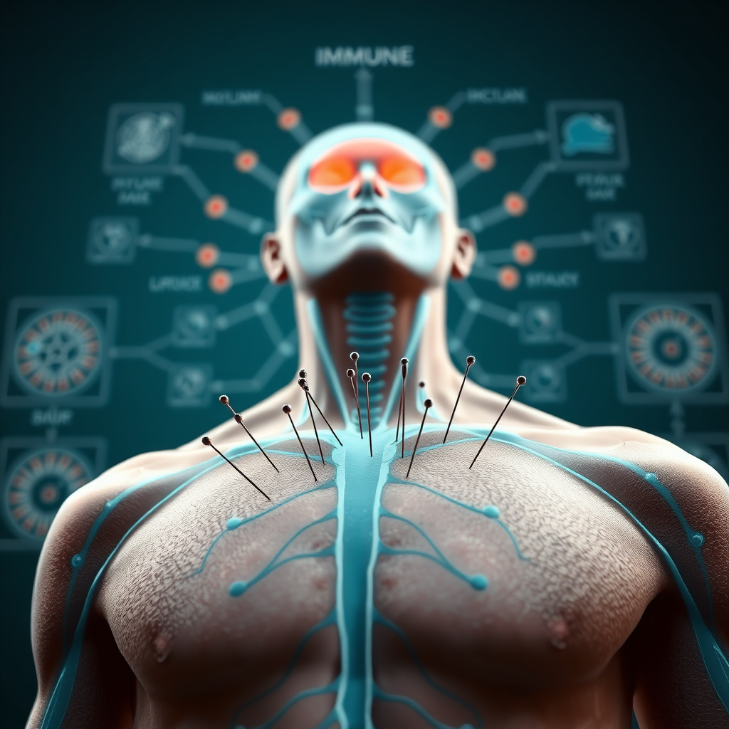 A photorealistic image showcasing the human immune system as an interconnected network. Acupuncture needles are subtly placed on the skin, representing the stimulation of immune response. The background is a schematic diagram of the body's defense mechanisms. Style: Medical illustration with a focus on accuracy and detail. Technical specs: 4K resolution.