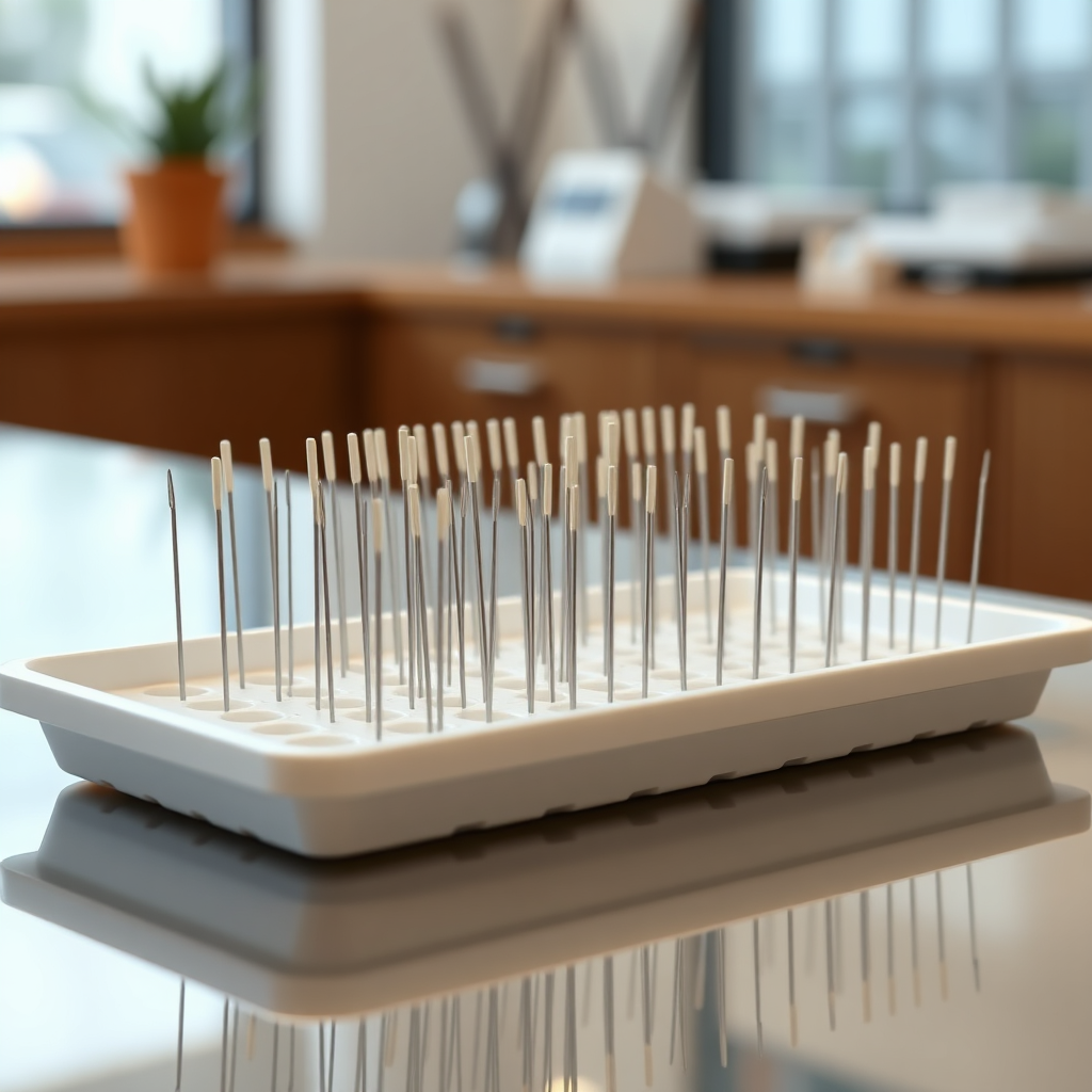 A photorealistic image showcasing a tray of sterile acupuncture needles. The needles are arranged neatly and the tray is clean and organized. The background is a blurred view of the acupuncture clinic. Style: Product photography with a focus on clarity and precision. Technical specs: 4K resolution.
