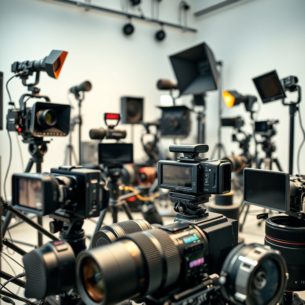 A photorealistic image showcasing a variety of video equipment, including cameras, lenses, microphones, and lighting. The equipment is arranged in an organized and visually appealing manner. The environment is a clean, well-lit studio. Focus on the details and textures of the equipment. Camera angle: medium shot, capturing the overall arrangement.