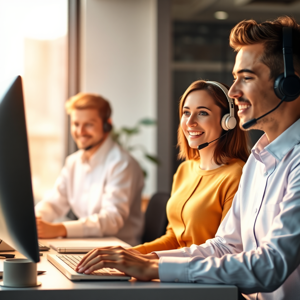 A photorealistic image showing a team of friendly customer support representatives working in a modern office environment. The lighting is warm and inviting, creating a sense of trust and professionalism. The color palette is soft and calming. The image should evoke a sense of reliability and support.