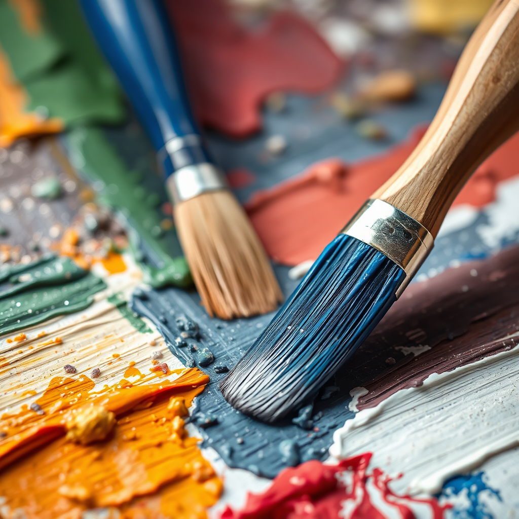 A photorealistic image showing a close-up of various painting techniques being applied to a canvas. Focus on the texture and application of different brushstrokes, such as layering, blending, and impasto. The color palette is diverse, showcasing the effects of each technique. The lighting is focused, highlighting the details of the paint application. The style is educational and informative.