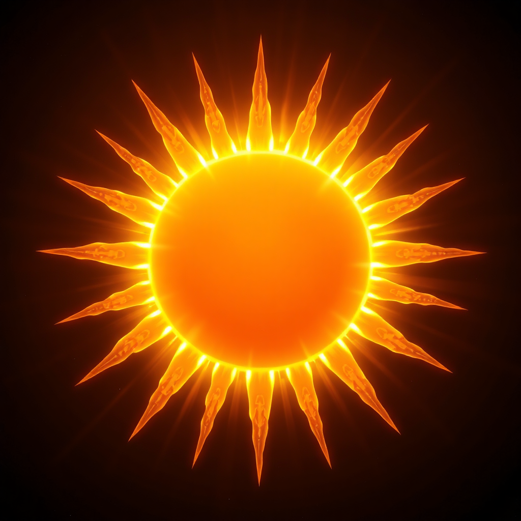 A photorealistic rendering of the sun, radiating with vibrant golden light. Each ray of light is subtly shaped like a zodiac symbol, representing the sun's influence on each sign. The background is a deep, dark space, emphasizing the sun's central role. Focus on capturing the dynamic and powerful energy of the sun.