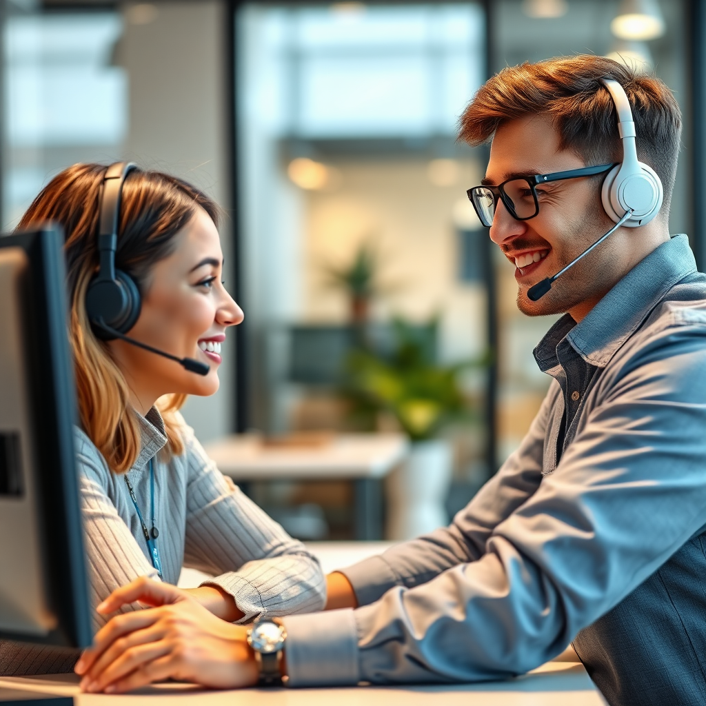 A photorealistic rendering of a friendly and helpful customer service representative assisting a customer via live chat. The scene is set in a modern office environment, with soft, natural lighting. The customer service representative is smiling and engaged, providing personalized support to the customer. The image is designed to evoke a sense of trust and reliability.