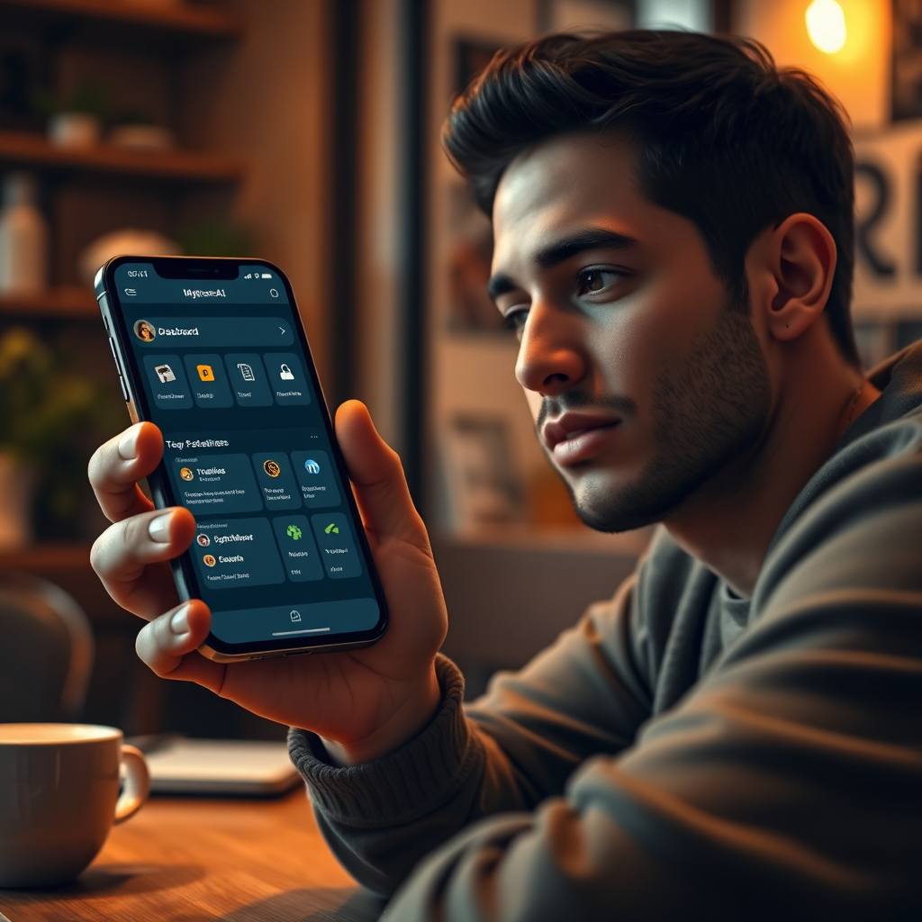 A photorealistic rendering of a user interacting with MyStoreAi's platform on their smartphone. The scene is set in a cozy coffee shop, with warm, inviting lighting. The smartphone screen displays a personalized dashboard with access to various products, services, and account settings. The user's face is illuminated by the screen, conveying a sense of connection and engagement. Subtle details, such as the coffee cup and laptop in the background, add to the realism of the scene. Rendered in 4K resolution with high detail.