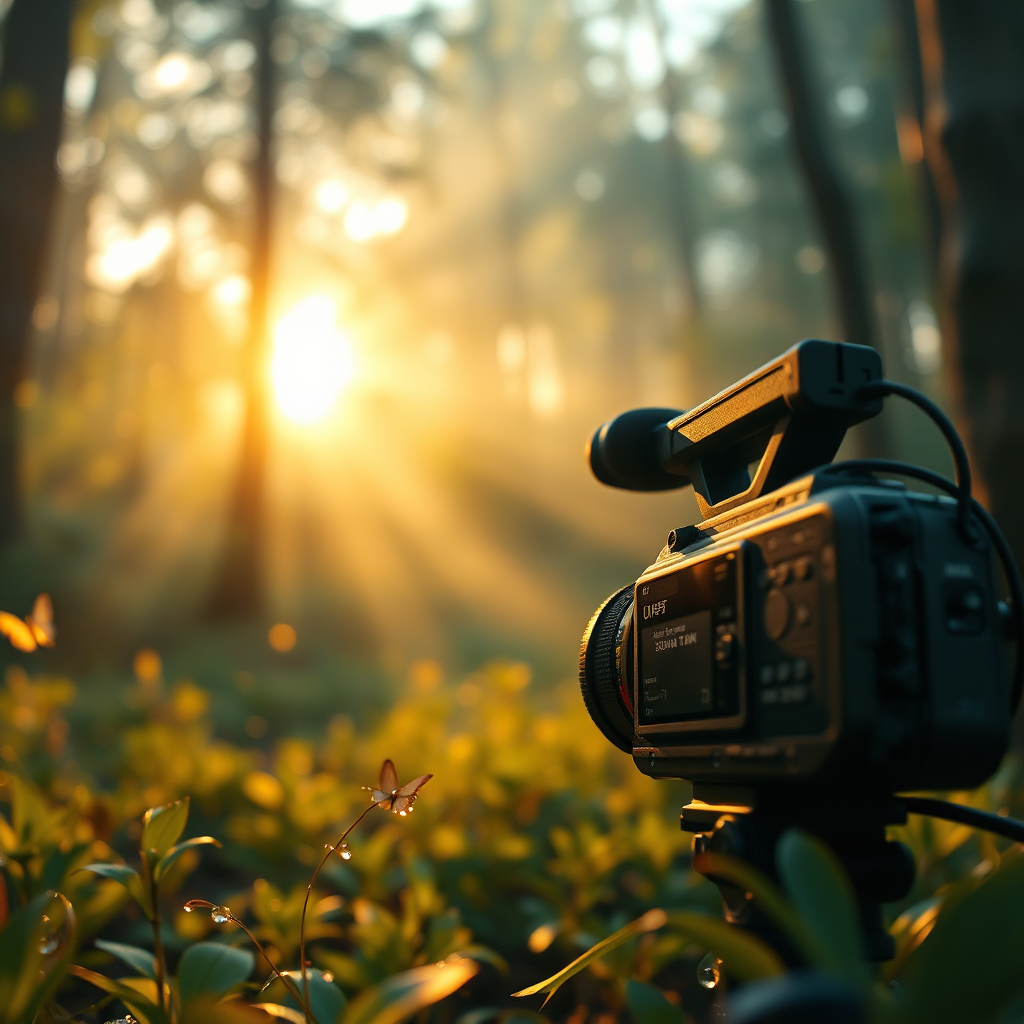 A photorealistic, ultra-high quality 8K header image for Pixelora, depicting a magical forest scene bathed in soft, golden-hour light. In the foreground, a modern video camera subtly blends into the environment, capturing a fairy tale unfolding. The composition should balance the whimsical and the professional, with fluttering butterflies and glistening dew drops adding to the enchantment. The camera should be slightly out of focus to draw attention to the fairy tale. The color palette should be warm and inviting, with hints of deep greens, rich golds, and vibrant blues. Use cinematic lighting to create a sense of depth and drama. Think 'Lord of the Rings' meets 'Pixar' in hyperrealistic detail. Include subtle textures of bark, leaves, and fairy dust. Camera angle should be low, looking up to emphasize the grandeur. The overall style aims for hyperrealism with a touch of fantasy, suggesting high-quality video production for fairy tale stories. Render in 8K resolution for maximum detail and clarity.