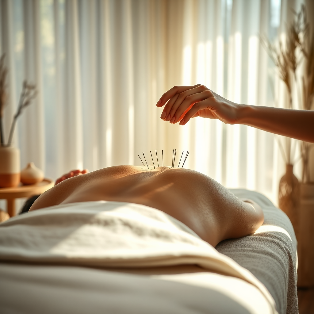 A photorealistic, ultra-high quality header image depicting a serene acupuncture session. A patient lies comfortably on a treatment table, bathed in soft, natural light filtering through sheer curtains. An acupuncturist, with gentle hands, is carefully placing needles on the patient's back. Focus is on the needles, glinting subtly in the light, and the peaceful expression on the patient's face. The room is decorated in calming earth tones with bamboo accents and subtle aromatherapy diffusers. Camera angle is a slightly elevated perspective, capturing the scene with depth and clarity. The overall feel is one of tranquility and healing. Include texture details of the skin, fabric, and acupuncture needles. Style reference: Kinfolk photography. Technical specs: 8K resolution, hyperrealistic rendering.