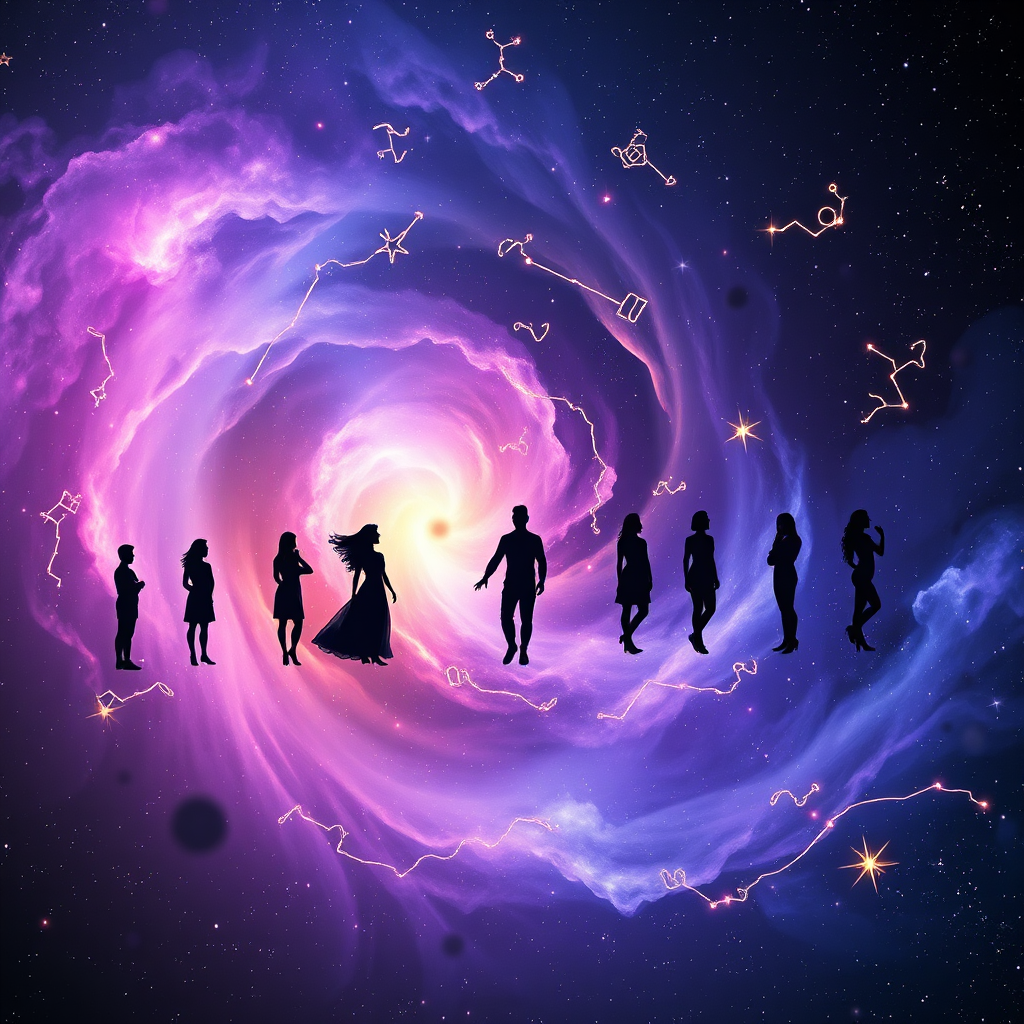 A photorealistic, ultra-high-resolution (8K) header image for 'AuraQueen'. The scene depicts a swirling nebula in vibrant hues of purple, blue, and gold, subtly forming the shapes of the twelve zodiac constellations. Overlaying this cosmic backdrop, are elegantly designed human silhouettes in various poses, symbolizing diverse personalities and behaviors. The lighting should be soft and ethereal, highlighting the textures of the nebula and the smooth contours of the silhouettes. The camera angle is a wide, panoramic view, capturing the vastness of space and the intricate details of the constellations. Add subtle sparkles and light flares to enhance the magical and mystical atmosphere. Style: A blend of realism and ethereal fantasy art. Props include subtle zodiac symbols integrated into the nebula. The overall feel is one of wonder, exploration, and self-discovery.