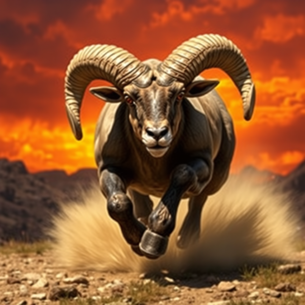 A powerful and dynamic image of a ram charging forward with determination. The background is a fiery landscape, reflecting Aries's energetic spirit. The ram is depicted with intricate detail and a sense of unwavering focus.