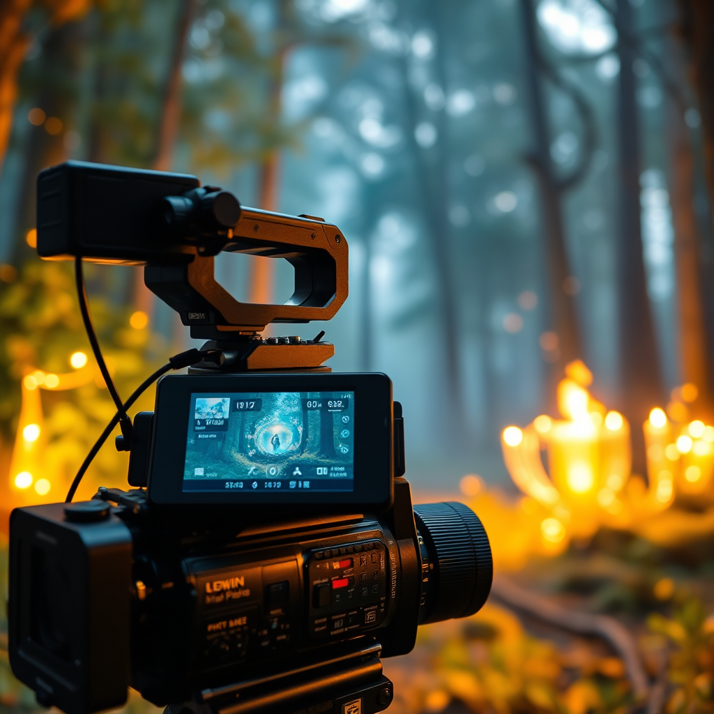 A professional video camera filming a fairy tale scene. Forest background, magical elements, golden light. Emphasize quality.