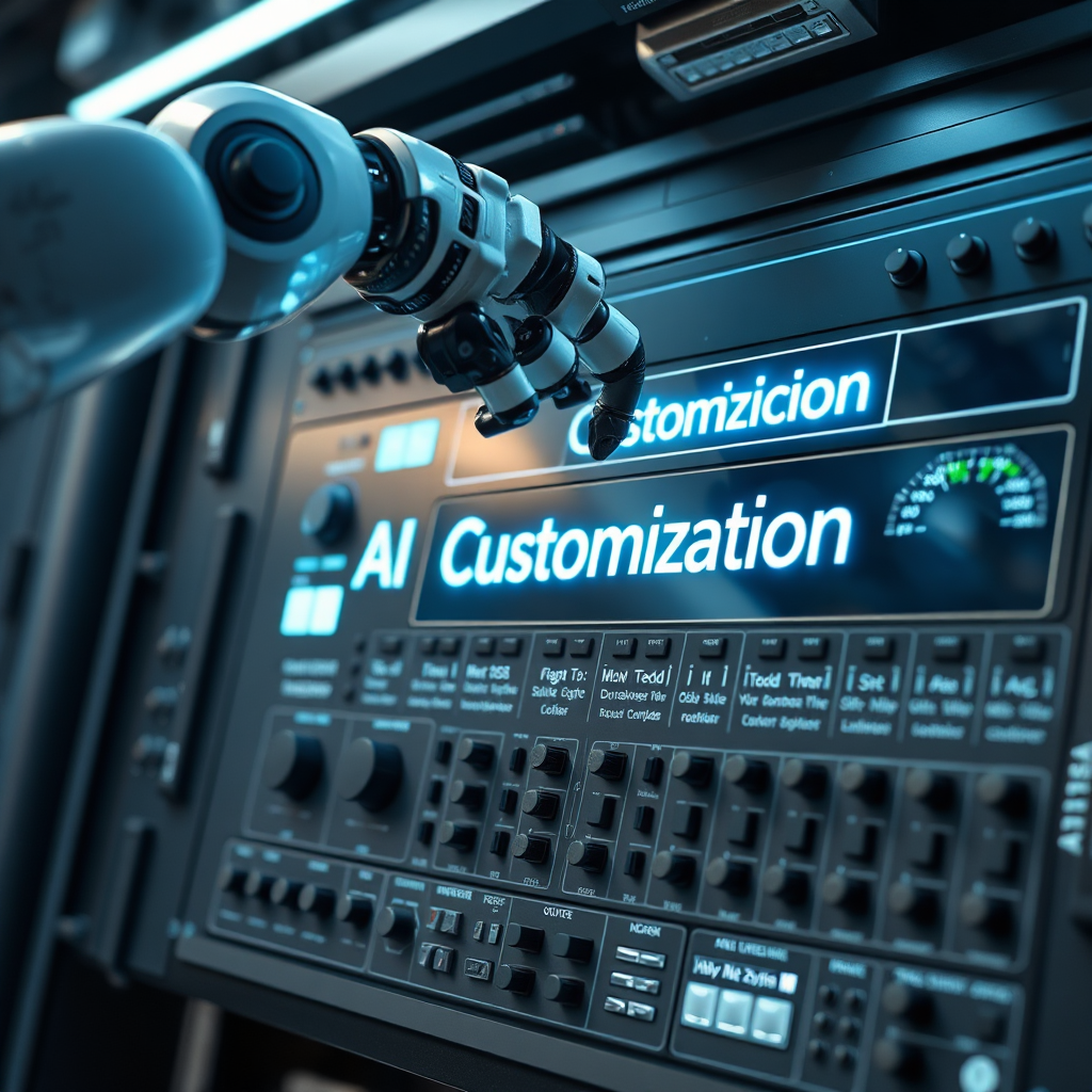 A robotic arm carefully adjusting dials and setting on a large, intricate control panel labeled 'AI Customization'. Soft, industrial lighting. 4K resolution.