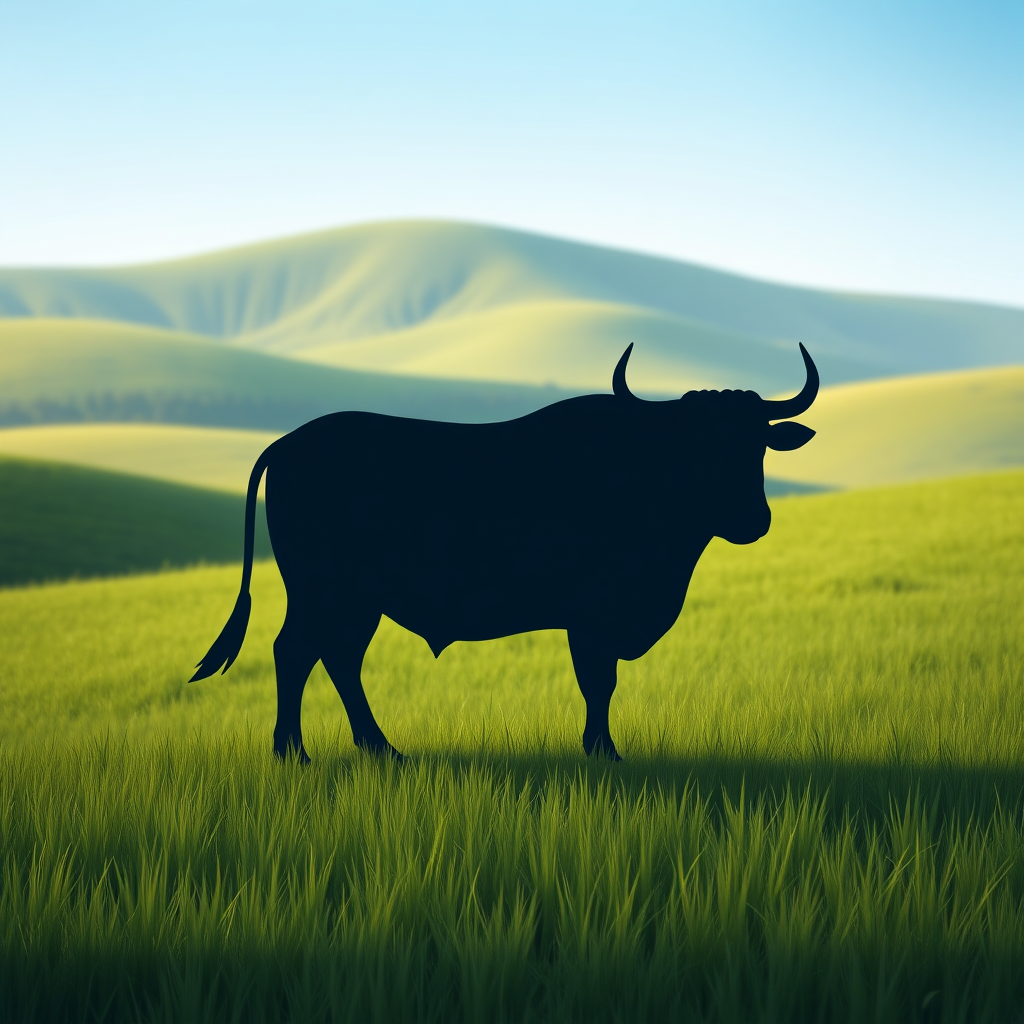  A serene and grounded image representing Taurus. Depict a stylized bull silhouette standing calmly in a lush, green pasture. The background should feature rolling hills and a clear blue sky. The overall feel should be one of peace, stability, and abundance. Lighting should be soft and natural. Style: A realistic yet slightly dreamy style with muted colors and gentle gradients. High quality.