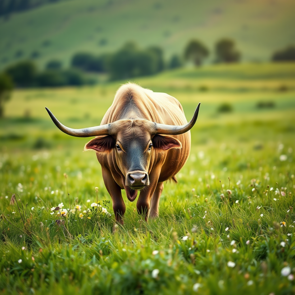 A serene and luxurious image of a bull grazing in a lush, green meadow. The background is a peaceful landscape, reflecting Taurus's love of nature and comfort. The bull is depicted with a sense of contentment and unwavering stability.