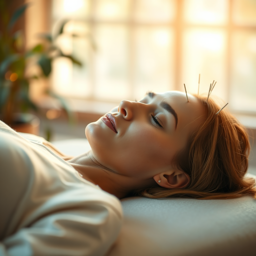 A serene image of a patient lying comfortably during an acupuncture session. The patient's face is relaxed, with eyes closed. Soft, warm light fills the room, creating a peaceful atmosphere. The background features blurred foliage, suggesting a connection with nature. Style: Soft focus photography with a focus on conveying tranquility. Technical specs: 4K resolution.