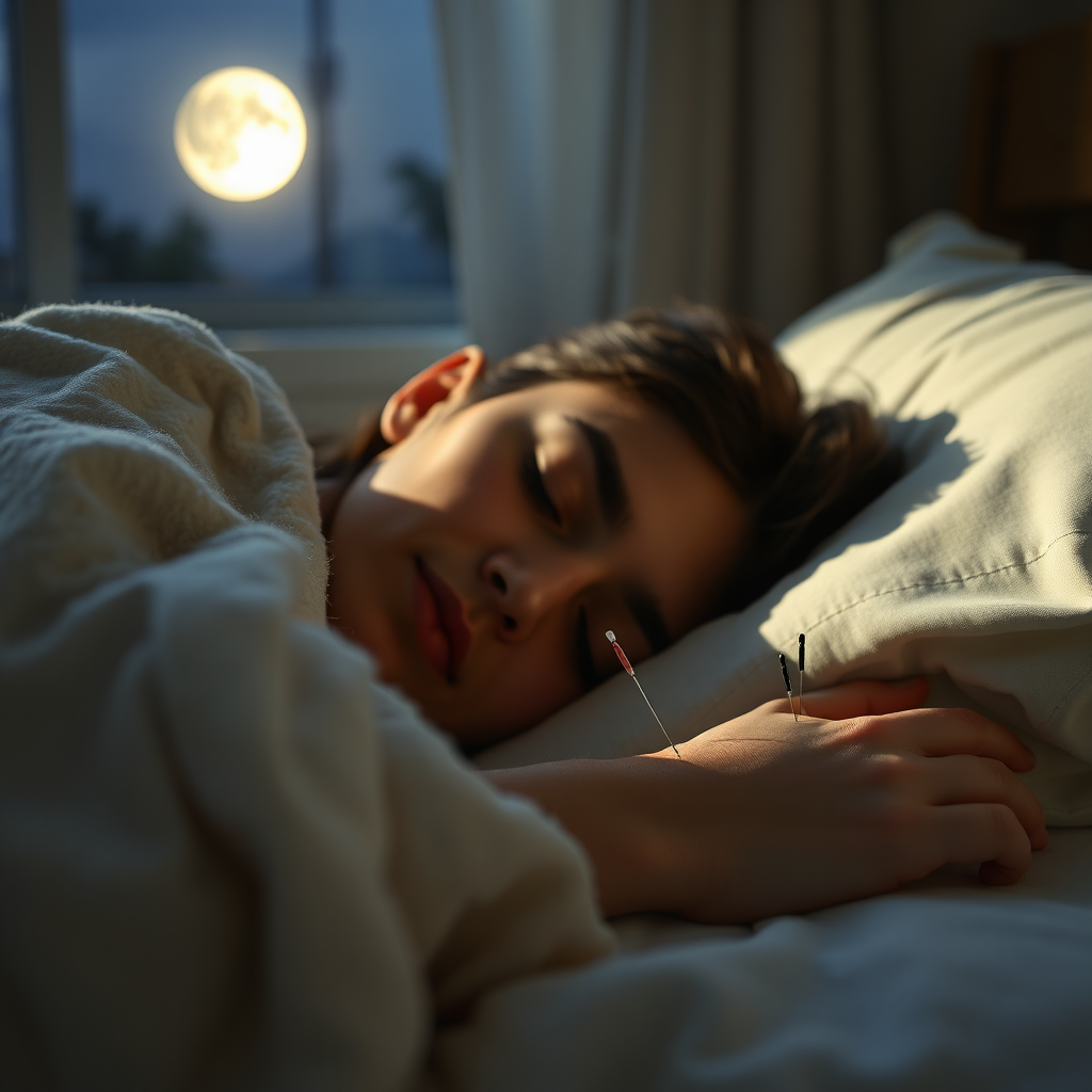 A serene image of a person sleeping peacefully under a blanket. Soft, moonlight filters through a window, creating a calming atmosphere. Acupuncture needles are subtly placed on the person's wrist, representing the treatment for insomnia. Style: Dreamy photography with a focus on tranquility and comfort. Technical specs: 4K resolution.
