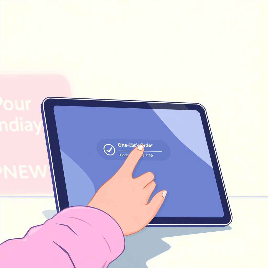 A simple and elegant illustration of a customer effortlessly completing a purchase on MyStoreAi's platform. The scene is brightly lit and features a minimalist design. The customer's hand is seen hovering over the 'One-Click Order' button on their tablet. The screen displays a confirmation message with order details. The image is designed to evoke a sense of ease and convenience.