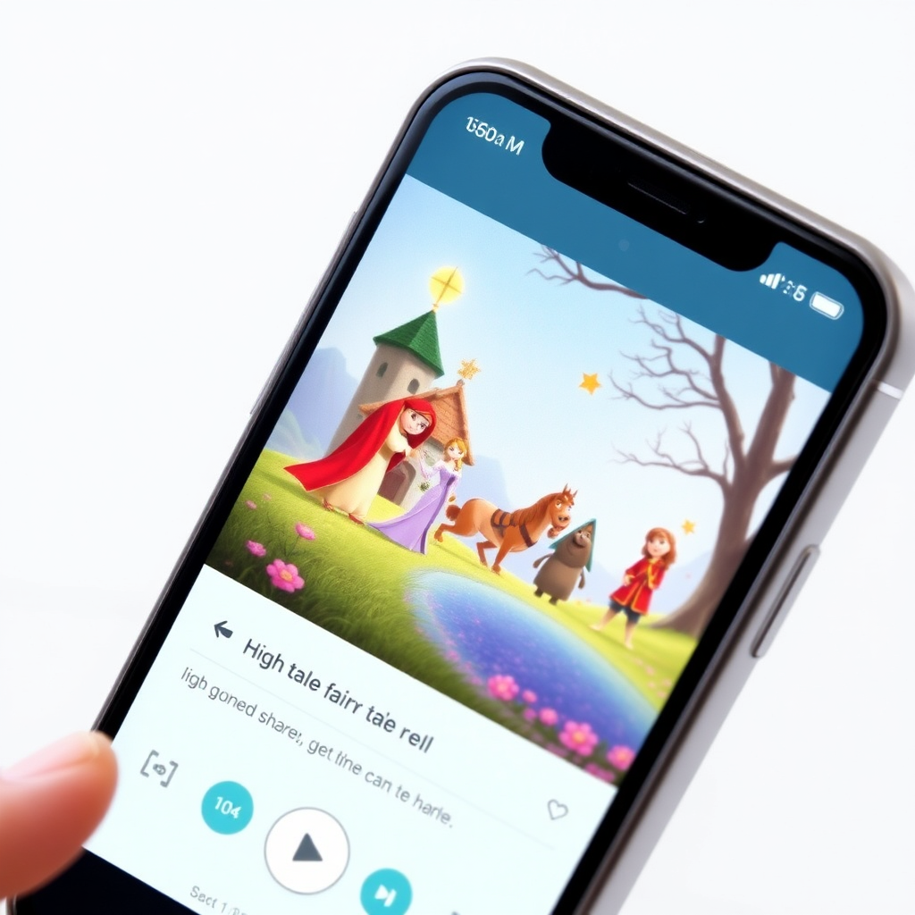 A smartphone displaying a fairy tale reel with high engagement (likes, shares). Modern, clean design. Bright colors.