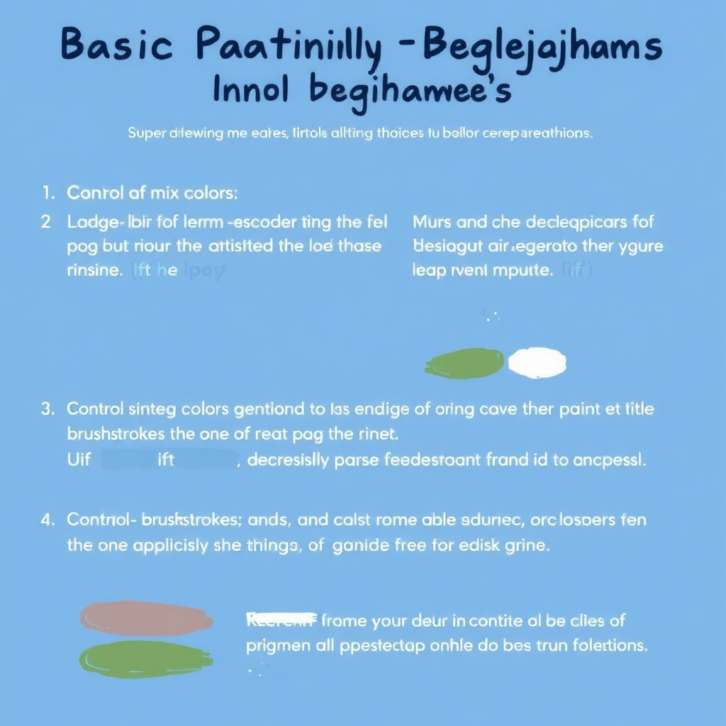 A step-by-step image demonstrating basic painting techniques for beginners. Show how to mix colors, control brushstrokes, and create simple compositions. The style is clear, concise, and easy to follow.