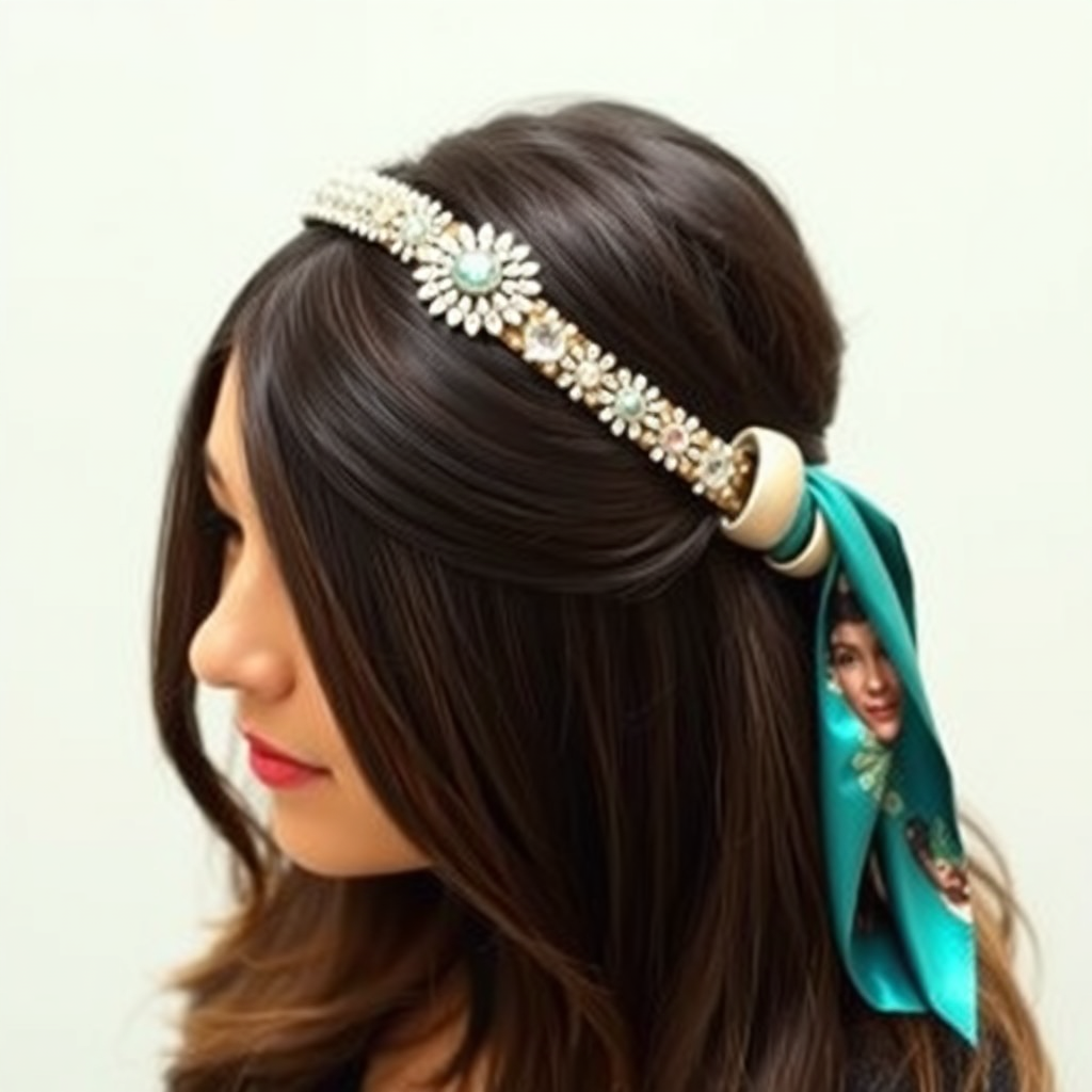 A stylish image of a person wearing a trendy hair accessory (e.g., a jeweled headband, a silk scarf, or decorative hair clips). The accessory complements the hairstyle and adds a touch of elegance or personality. The background is soft and blurred to keep the focus on the hair and accessory.