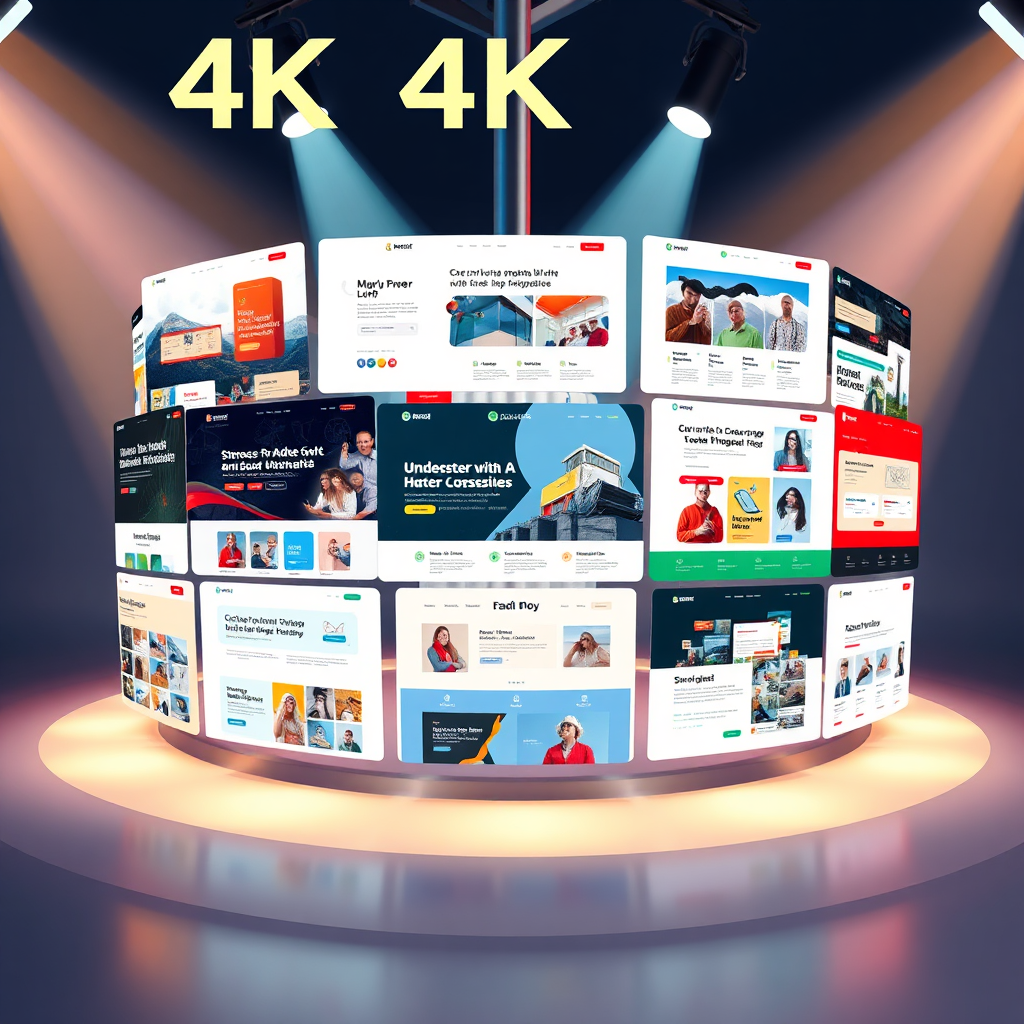 A stylized 4K image displaying a carousel of diverse website templates rotating in a visually appealing way. The templates should represent various industries and design styles. Lighting should be dynamic, with spotlights highlighting each template as it moves into focus. The color palette is vibrant and diverse, reflecting the variety of templates. The image should evoke a sense of creative possibilities.