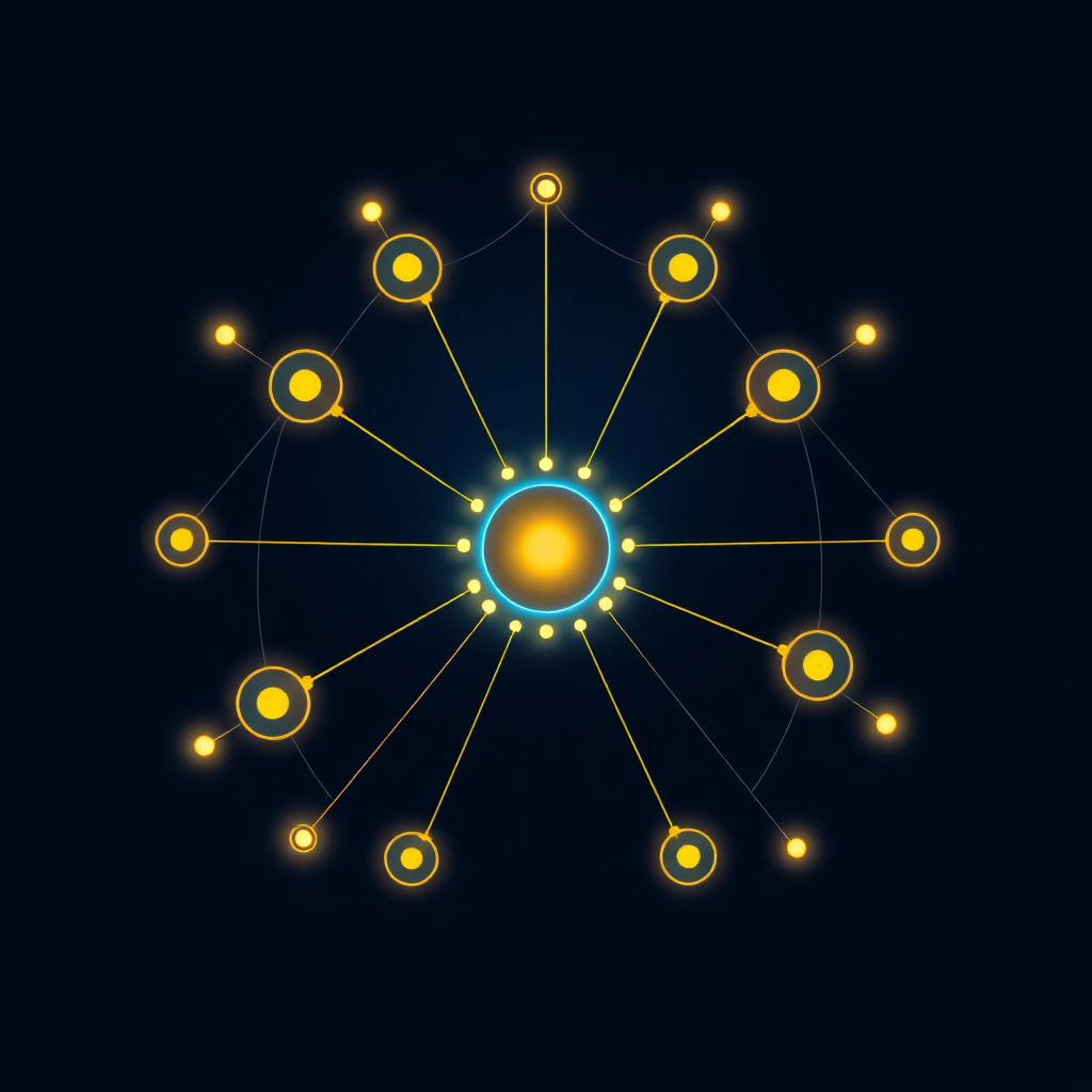 A stylized 4K image representing Divyaleela's mission. Depict a network of interconnected nodes, each representing a different facet of video production: filming, editing, storytelling, and audience engagement. These nodes are illuminated and connected by beams of light, converging on a central node that symbolizes Divyaleela. The color palette is predominantly blue and gold, evoking a sense of trust and expertise. The style is clean, modern, and slightly abstract, similar to the visual branding of TED Talks or Google Innovation Labs. The environment is a dark, infinite space, emphasizing the boundlessness of creative potential. Focus on sharp lines and smooth gradients to convey technological sophistication.