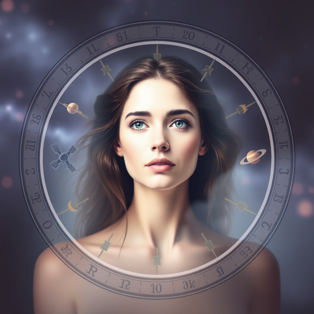 A stylized birth chart overlaid with a portrait of a person, symbolizing personalized insights. The birth chart is intricate and detailed, with each planet and sign clearly visible. The portrait is soft and ethereal, representing the individual's unique personality and potential. The overall aesthetic is mystical and personalized, reflecting the transformative power of the readings.