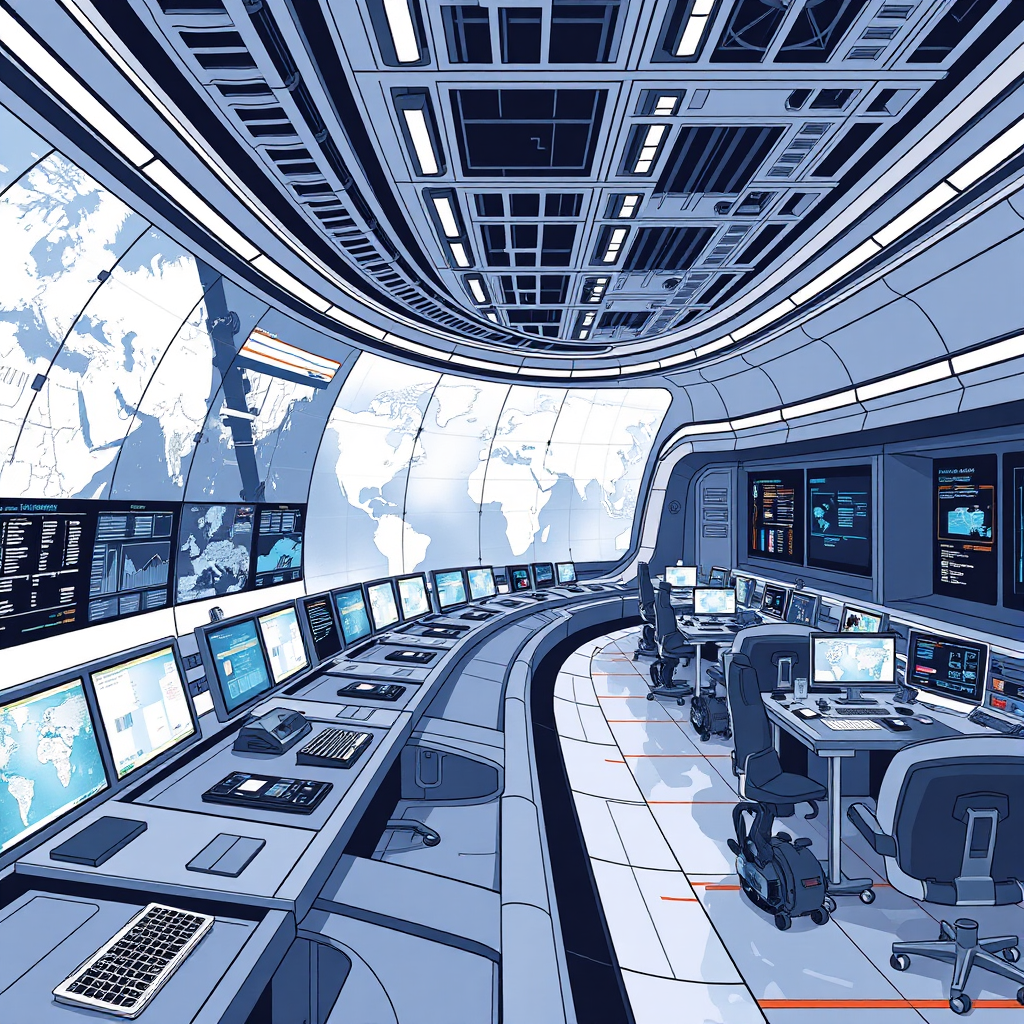 A stylized, futuristic control room with operators managing complex global tasks. The style draws inspiration from sci-fi films, emphasizing scalability and a sense of expansive control.